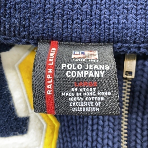 Vintage Polo Ralph Lauren Navy Blue Full Zip Big Initials Sweater Size Large - Picture 3 of 7